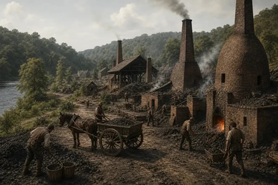 Illustrated Coalbrookdale ironworks scene with furnaces, smoke, workers, and an industrial valley