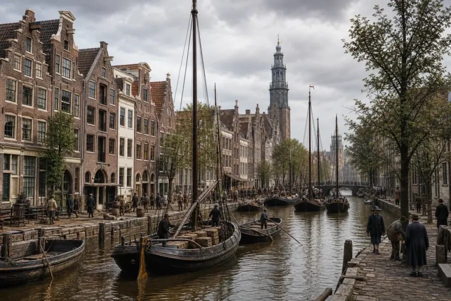 Illustrated historical scene of Amsterdam's canal ring with narrow canal houses and boats