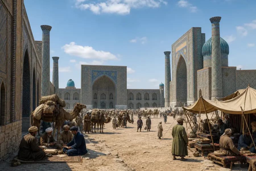 Historical scene of Samarkand's Registan used for place-and-time observation